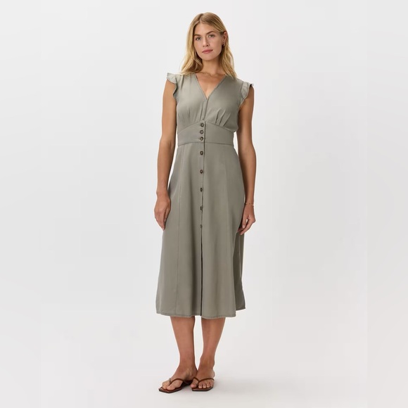 Quince Dresses & Skirts - Quince Vintage Wash Tencel Button Front Midi Dress Olive Green Large Cottagecore